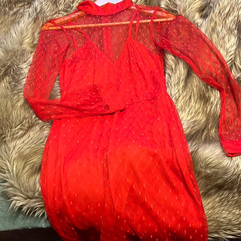 Red mock neck lace Mini Dress
